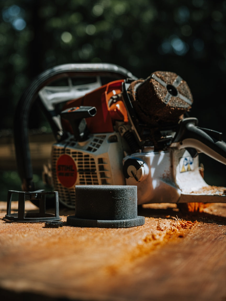 Air cleaner system components including an external cage and bushing, washable foam filters, and a chainsaw in the background.